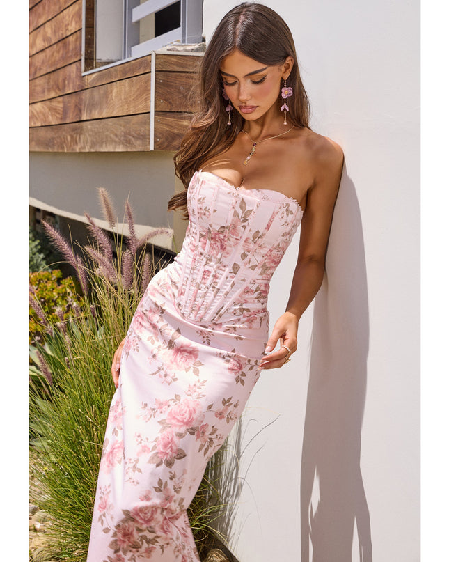 Windsor Harper Floral Corset Midi Formal Dress Pink