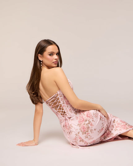 Windsor Harper Floral Corset Midi Formal Dress Pink