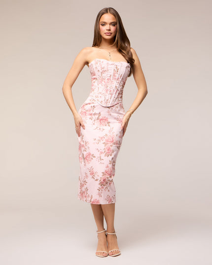 Windsor Harper Floral Corset Midi Formal Dress Pink