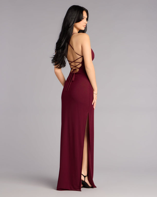 Windsor Adriane Beaded Floral Lace-Up Formal Dress