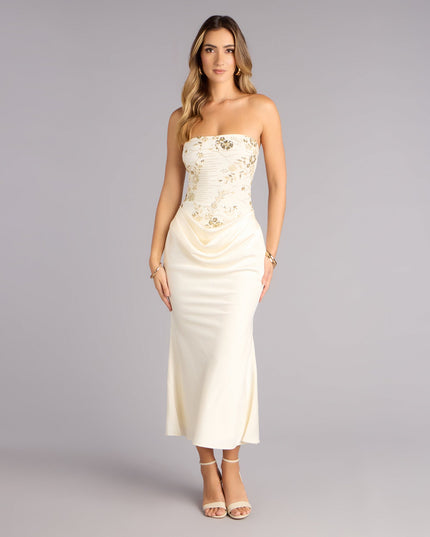 Windsor Satin Glow Strapless Beaded Midi Dress