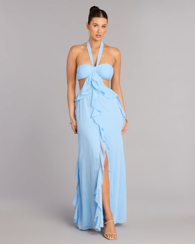 Windsor Ruffle and Ready Chiffon Halter Maxi Dress
