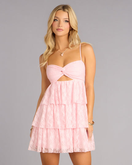 Windsor Sweet With Intent Lace Tiered Mini Dress Pink