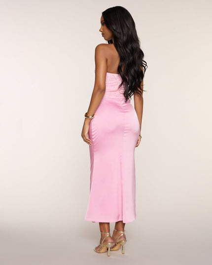 Windsor Satin Glow Strapless Beaded Midi Dress
