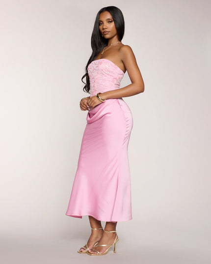Windsor Satin Glow Strapless Beaded Midi Dress