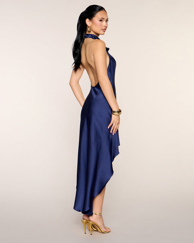 Windsor Chic Entrance Satin High Neck Midi Dress