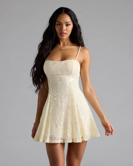Windsor Sparkle Butterfly Sequin Lace-Up Skater Dress