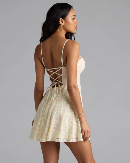 Windsor Sparkle Butterfly Sequin Lace-Up Skater Dress
