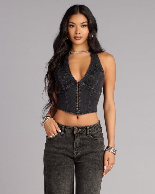 Windsor Dark Rose Drama Denim Halter Crop Top