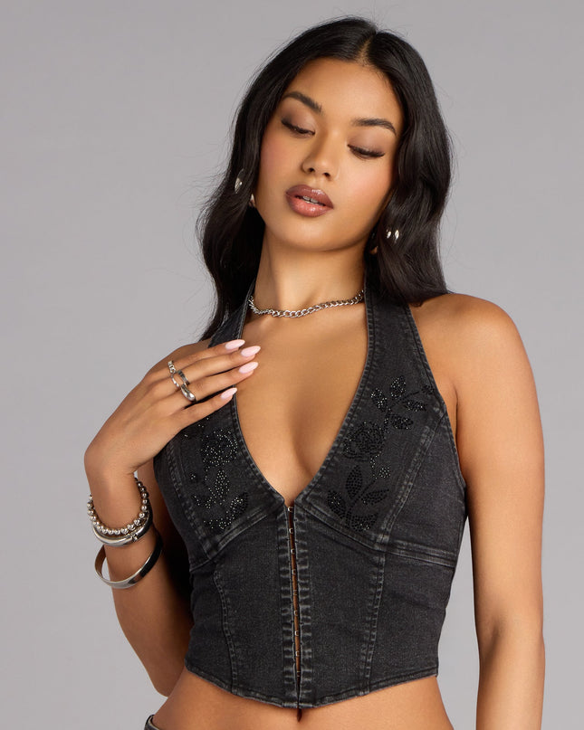 Windsor Dark Rose Drama Denim Halter Crop Top