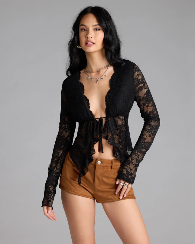 Windsor Delicate Flair Floral Lace Tie-Front Top