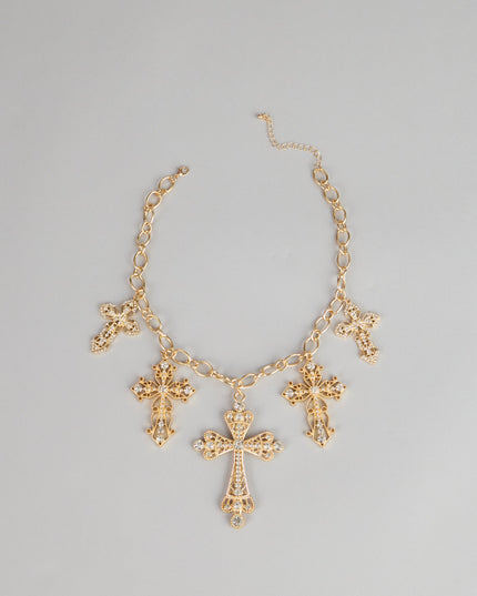Windsor Styled Shine Rhinestone Cross Statement Necklace