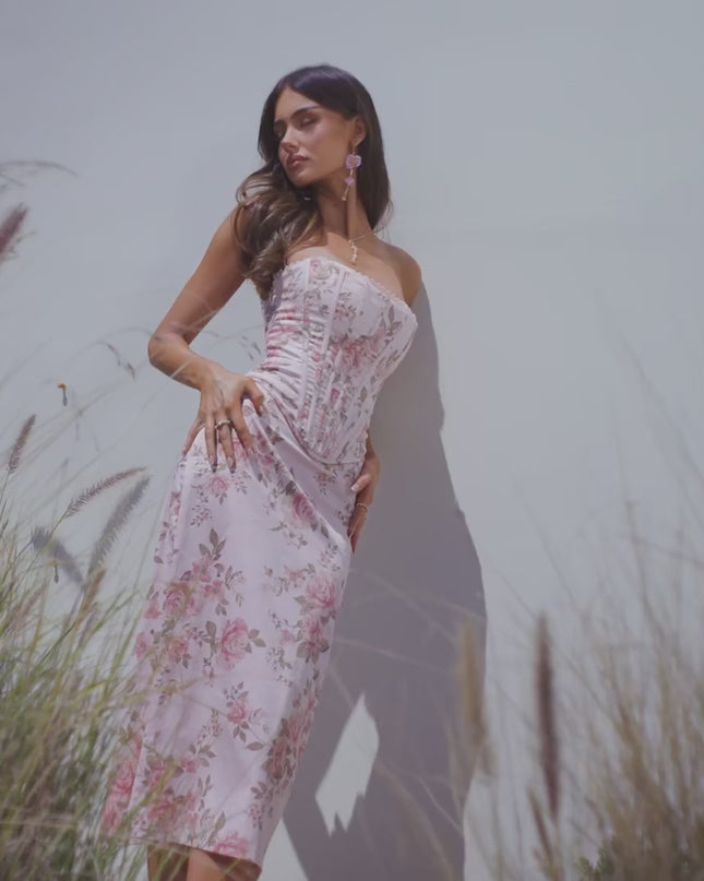 Windsor Harper Floral Corset Midi Formal Dress Pink
